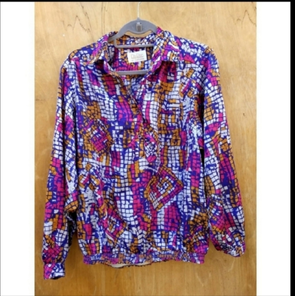 3/$25 vintage 80's daRue button up windbreaker-like long sleeve blouse pink lg